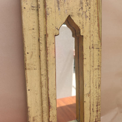 Jharokha Mirror Frame Distressed Pale Yellow Narrow Arch 43x20 cm