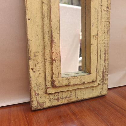 Jharokha Mirror Frame Distressed Pale Yellow Narrow Arch 43x20 cm