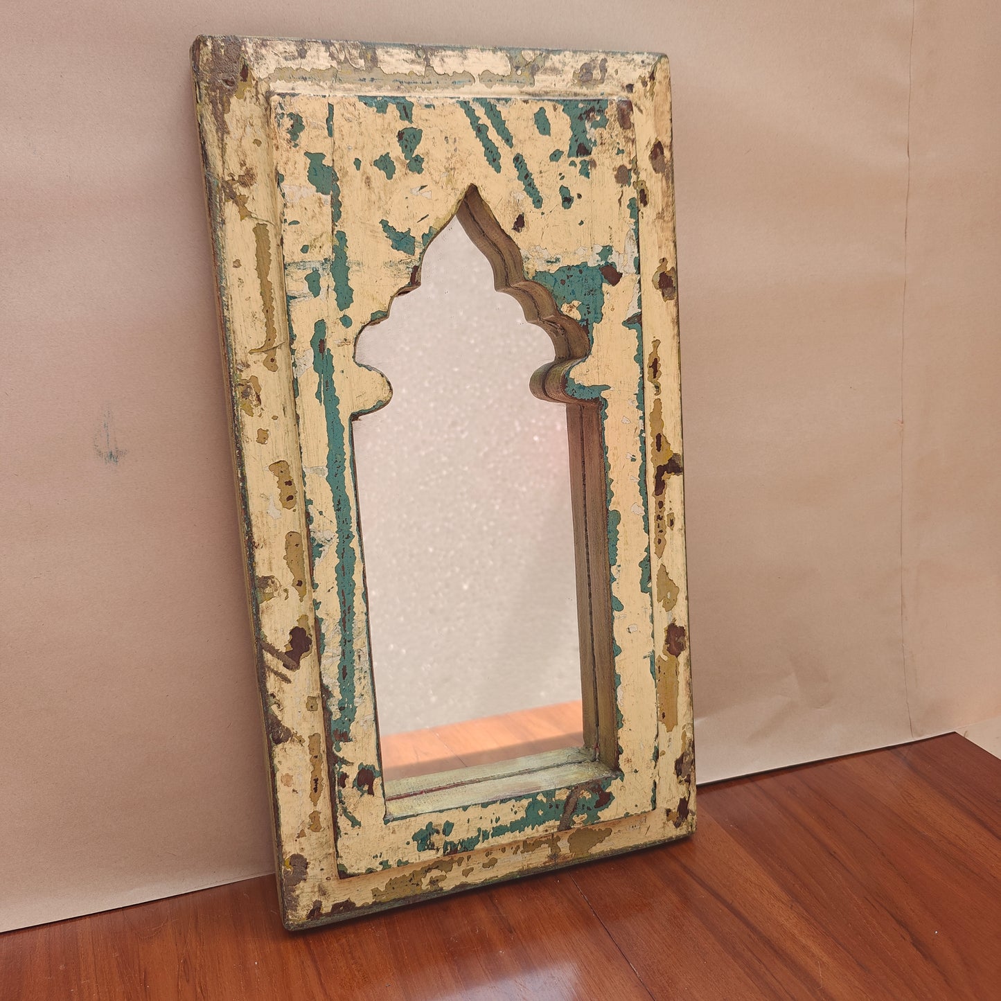 Jharokha Mirror Frame Distressed Cream Teal Weathered 42x23 cm