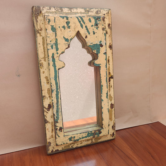 Jharokha Mirror Frame Distressed Cream Teal Weathered 42x23 cm