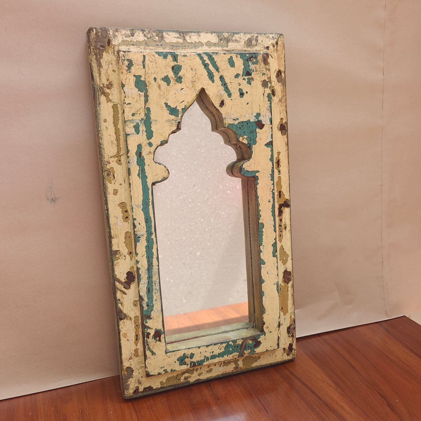 Jharokha Mirror Frame Distressed Cream Teal Weathered 42x23 cm