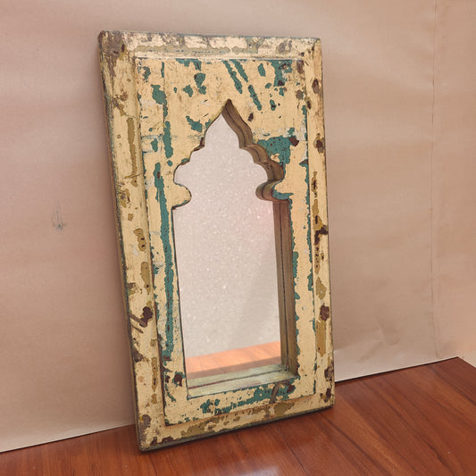 Jharokha Mirror Frame Distressed Cream Teal Weathered 42x23 cm