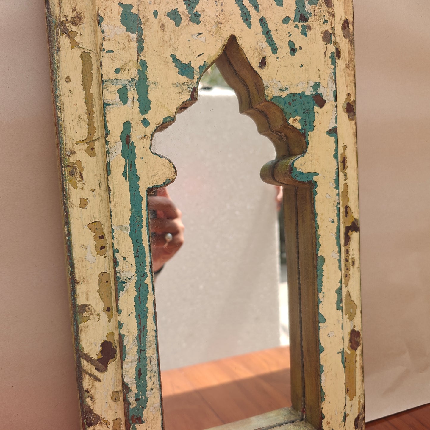 Jharokha Mirror Frame Distressed Cream Teal Weathered 42x23 cm