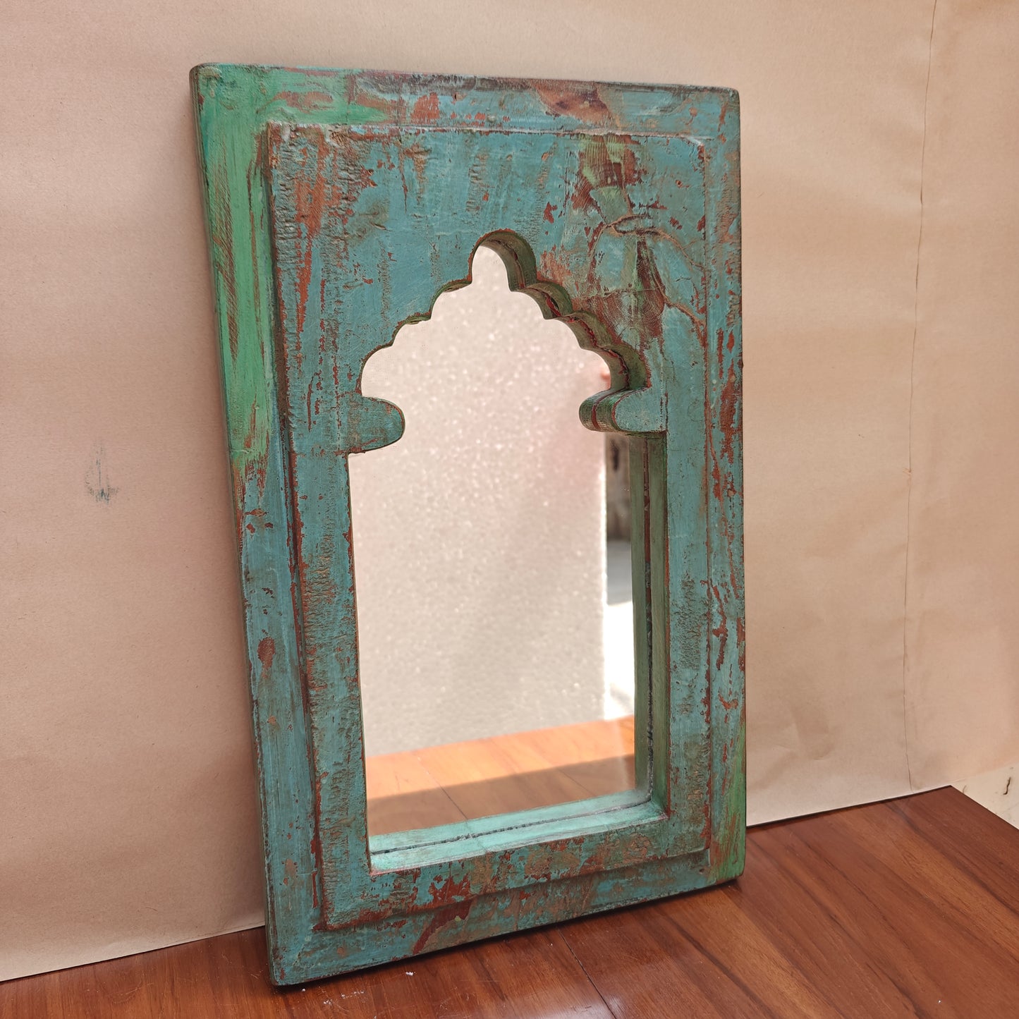 Vintage Jharokha Mirror Frame 42 x 26 x 2.5 cm Distressed Turquoise