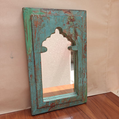 Vintage Jharokha Mirror Frame 42 x 26 x 2.5 cm Distressed Turquoise