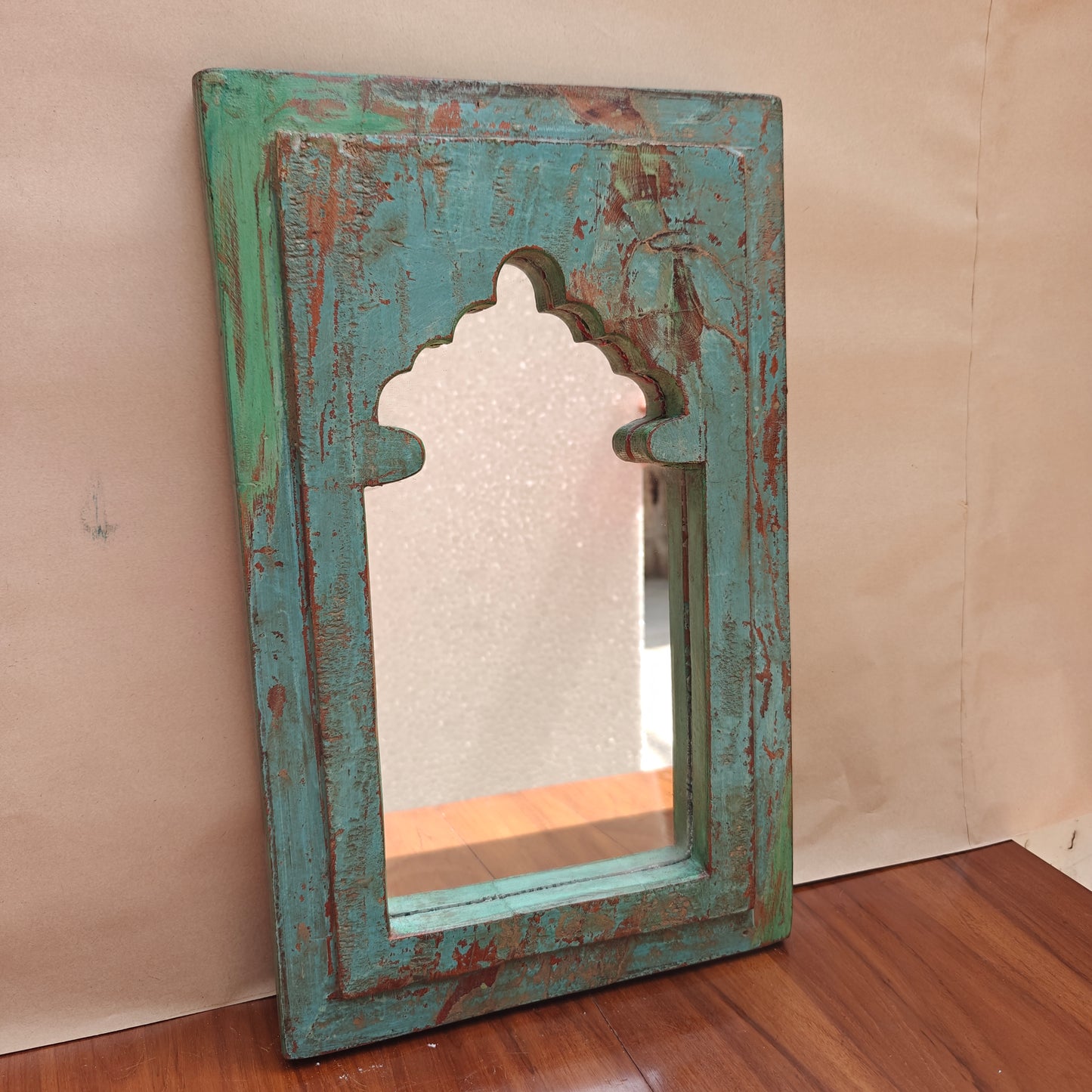 Vintage Jharokha Mirror Frame 42 x 26 x 2.5 cm Distressed Turquoise