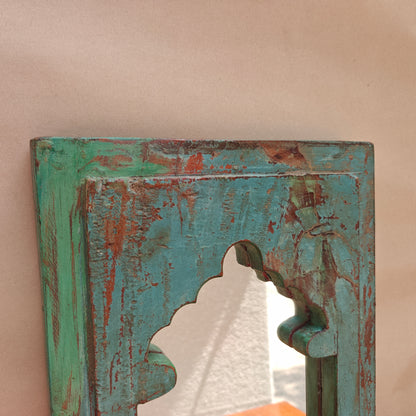 Vintage Jharokha Mirror Frame 42 x 26 x 2.5 cm Distressed Turquoise