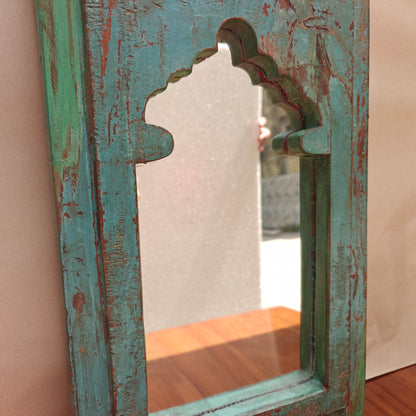 Vintage Jharokha Mirror Frame 42 x 26 x 2.5 cm Distressed Turquoise