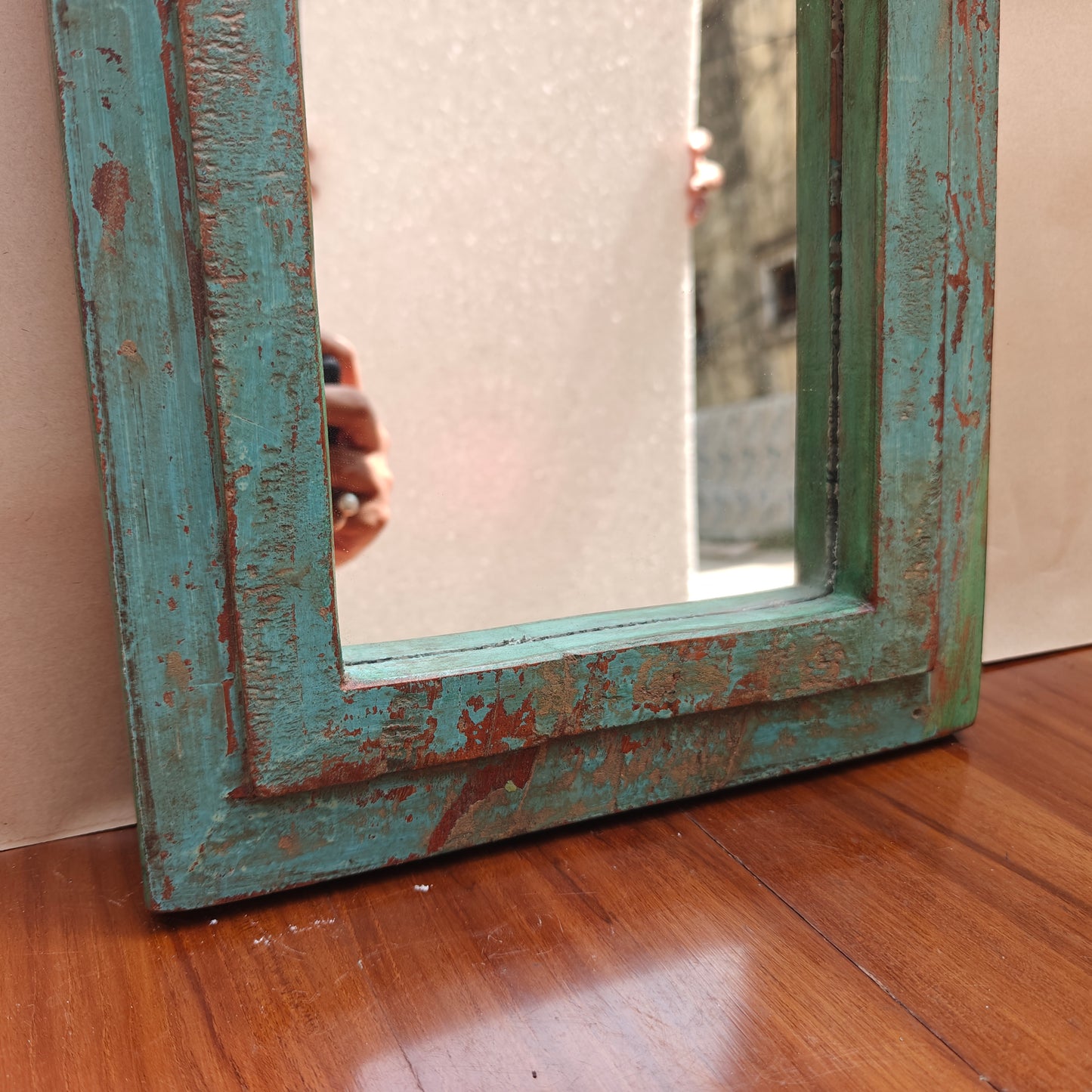 Vintage Jharokha Mirror Frame 42 x 26 x 2.5 cm Distressed Turquoise