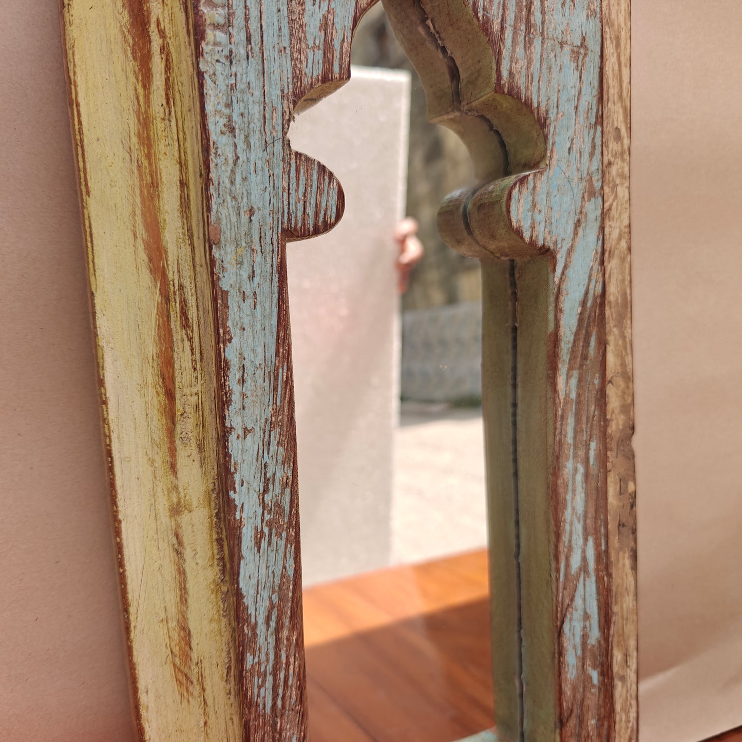 Vintage Jharokha Mirror Frame 42 x 20 x 2.5 cm Distressed White & Blue