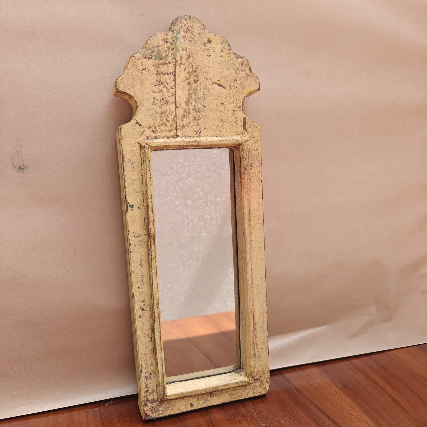 Vintage Crown-Top Mirror Frame 37 x 12.5 x 2.5 cm Distressed Mustard Yellow