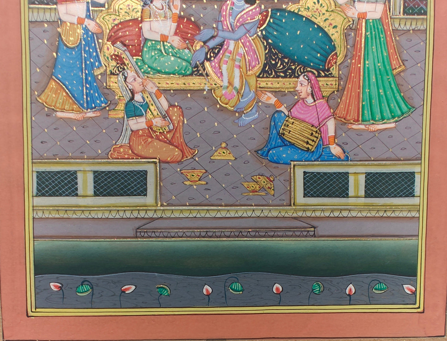 Krishna with Gopis in Palace – Miniature Painting on Paper, 15.5 x 25.5 cm
