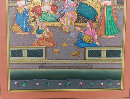 Krishna with Gopis in Palace – Miniature Painting on Paper, 15.5 x 25.5 cm
