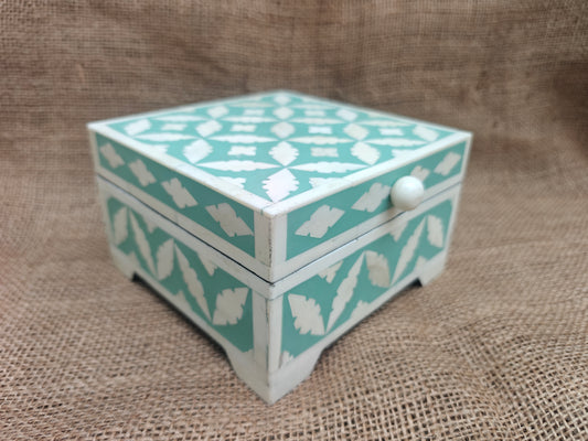 Bone Inlay Decorative Box – Turquoise Geometric Mosaic, 15x15x7.5 cm