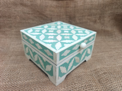 Bone Inlay Decorative Box – Turquoise Geometric Mosaic, 15x15x7.5 cm