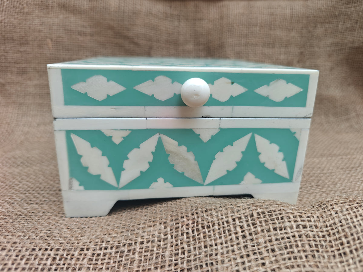 Bone Inlay Decorative Box – Turquoise Geometric Mosaic, 15x15x7.5 cm