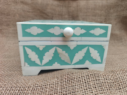 Bone Inlay Decorative Box – Turquoise Geometric Mosaic, 15x15x7.5 cm