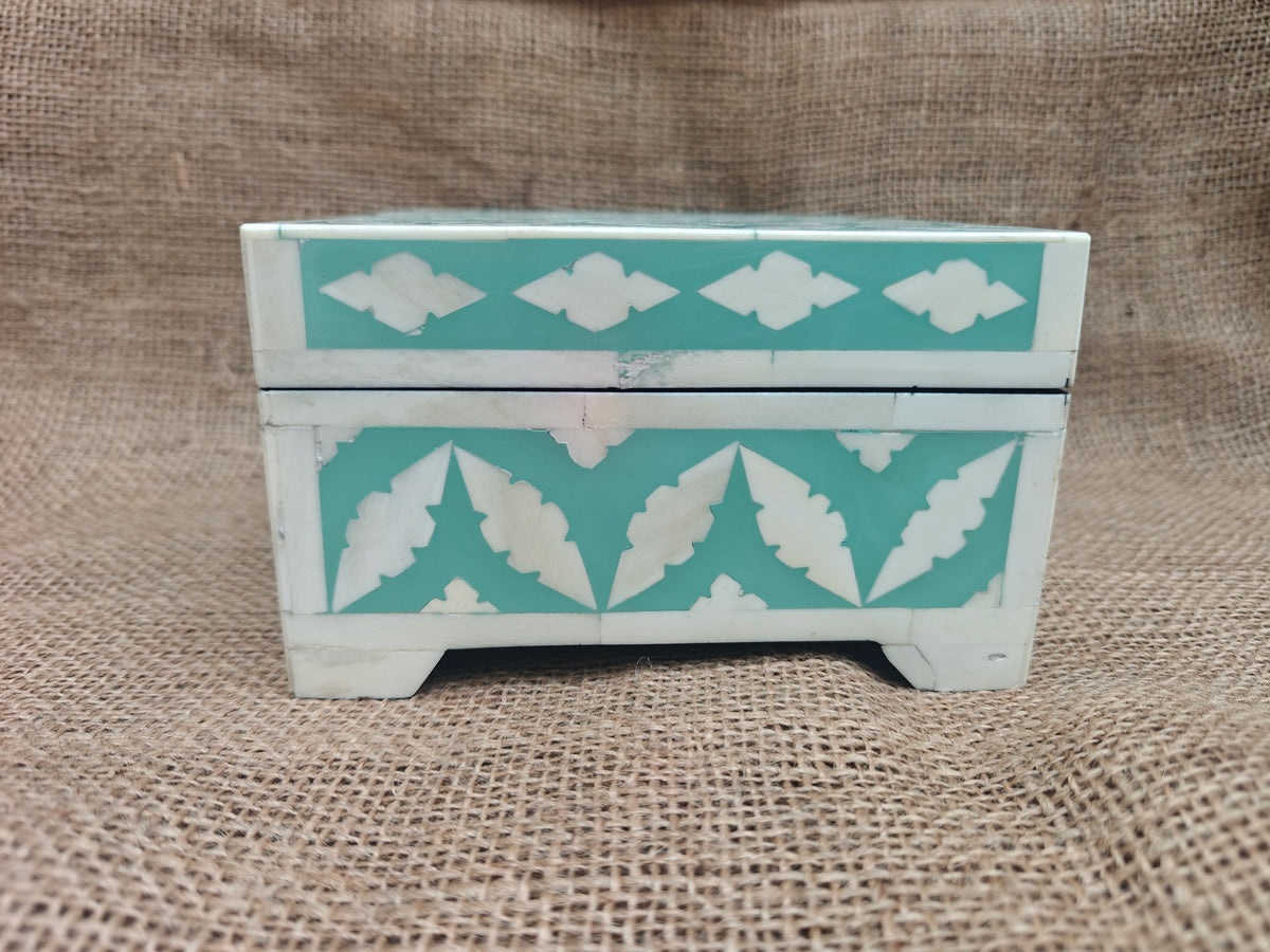 Bone Inlay Decorative Box – Turquoise Geometric Mosaic, 15x15x7.5 cm
