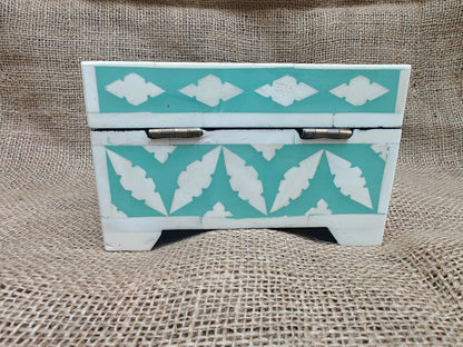 Bone Inlay Decorative Box – Turquoise Geometric Mosaic, 15x15x7.5 cm