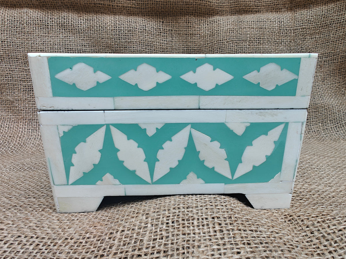 Bone Inlay Decorative Box – Turquoise Geometric Mosaic, 15x15x7.5 cm