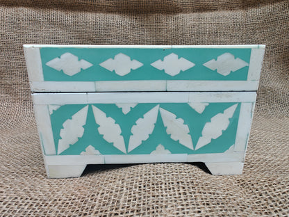 Bone Inlay Decorative Box – Turquoise Geometric Mosaic, 15x15x7.5 cm
