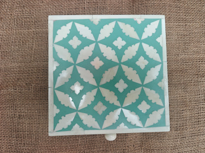 Bone Inlay Decorative Box – Turquoise Geometric Mosaic, 15x15x7.5 cm