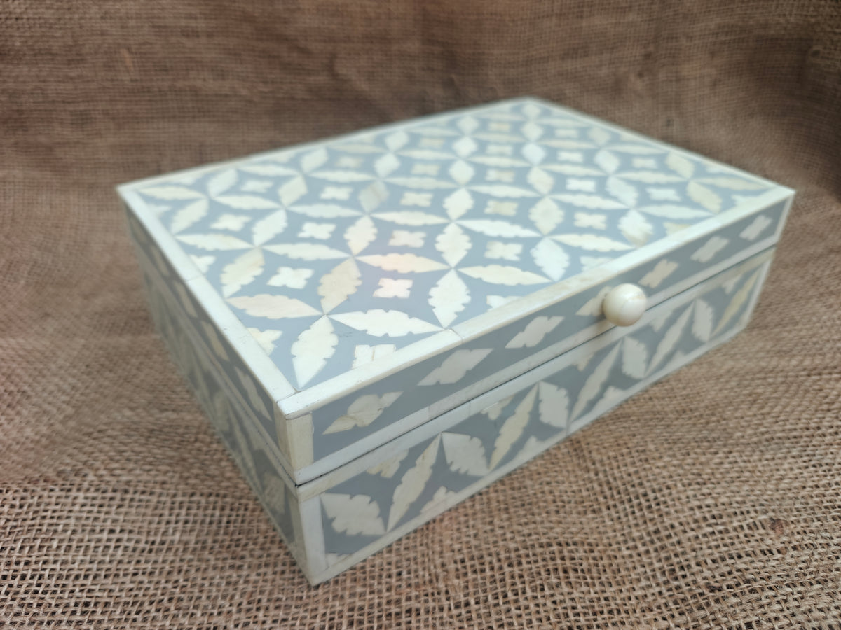 Bone Inlay Geometric Design Box | Grey Resin | Handcrafted Jewellery & Keepsake Box | 25 x 17.5 Cms