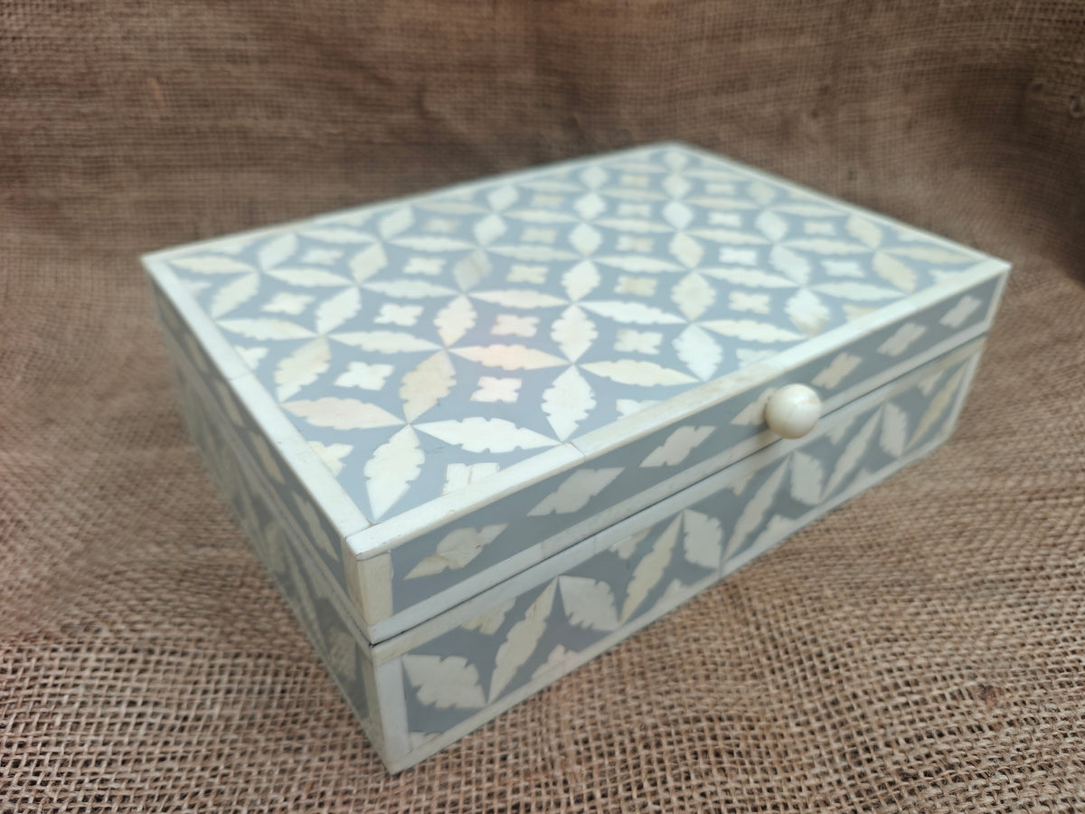 Bone Inlay Geometric Design Box | Grey Resin | Handcrafted Jewellery & Keepsake Box | 25 x 17.5 Cms
