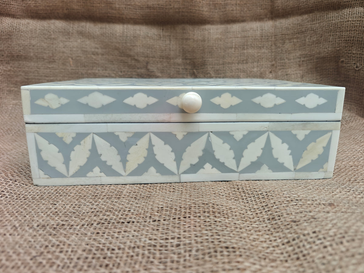 Bone Inlay Geometric Design Box | Grey Resin | Handcrafted Jewellery & Keepsake Box | 25 x 17.5 Cms