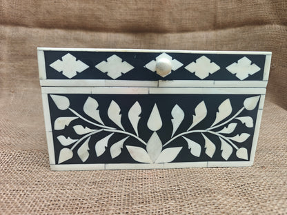 Bone Inlay Decorative Box – Black & White Floral Vine Pattern, 22.5x22.5x12.5 cm