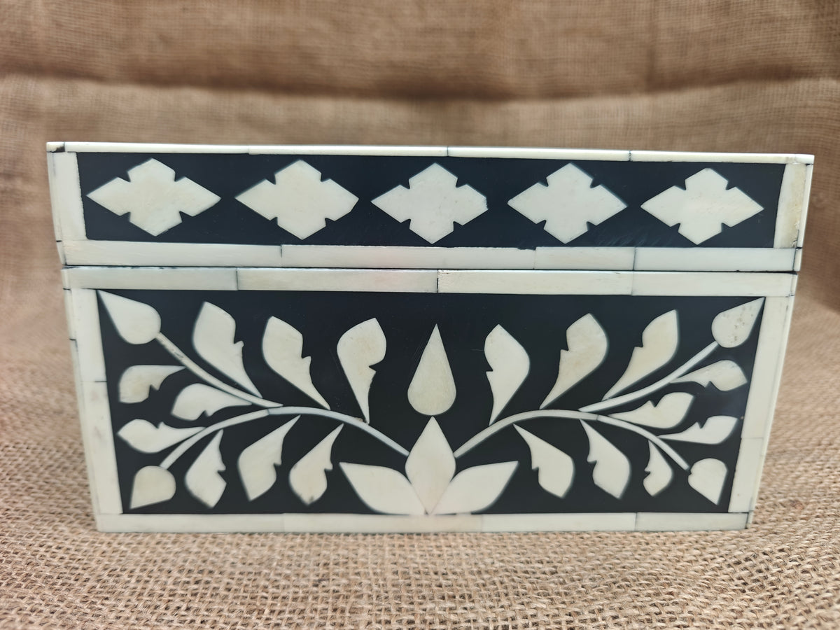 Bone Inlay Decorative Box – Black & White Floral Vine Pattern, 22.5x22.5x12.5 cm