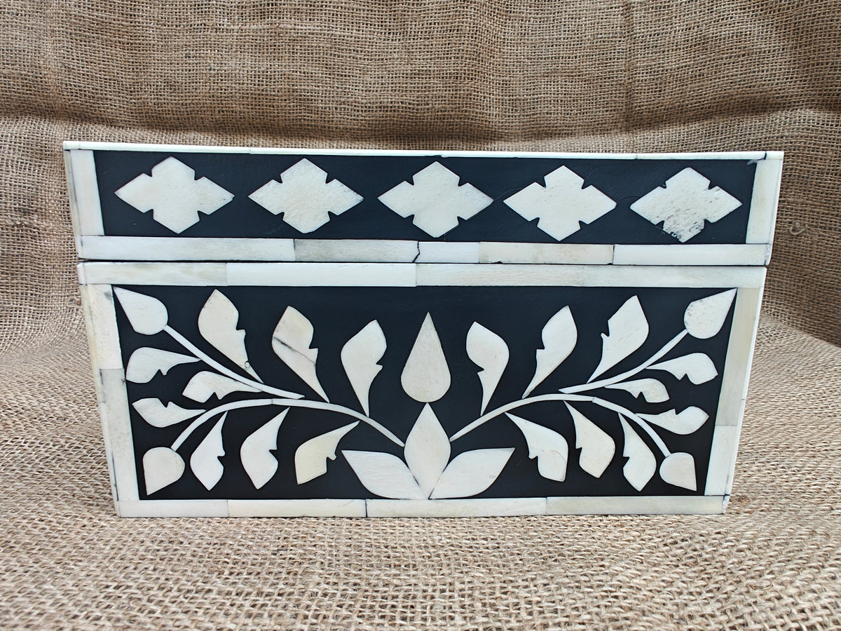 Bone Inlay Decorative Box – Black & White Floral Vine Pattern, 22.5x22.5x12.5 cm