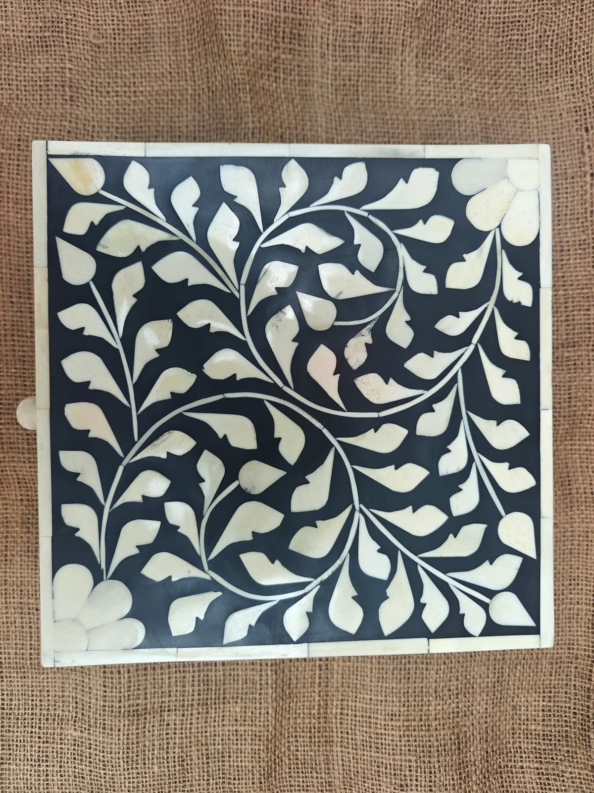 Bone Inlay Decorative Box – Black & White Floral Vine Pattern, 22.5x22.5x12.5 cm