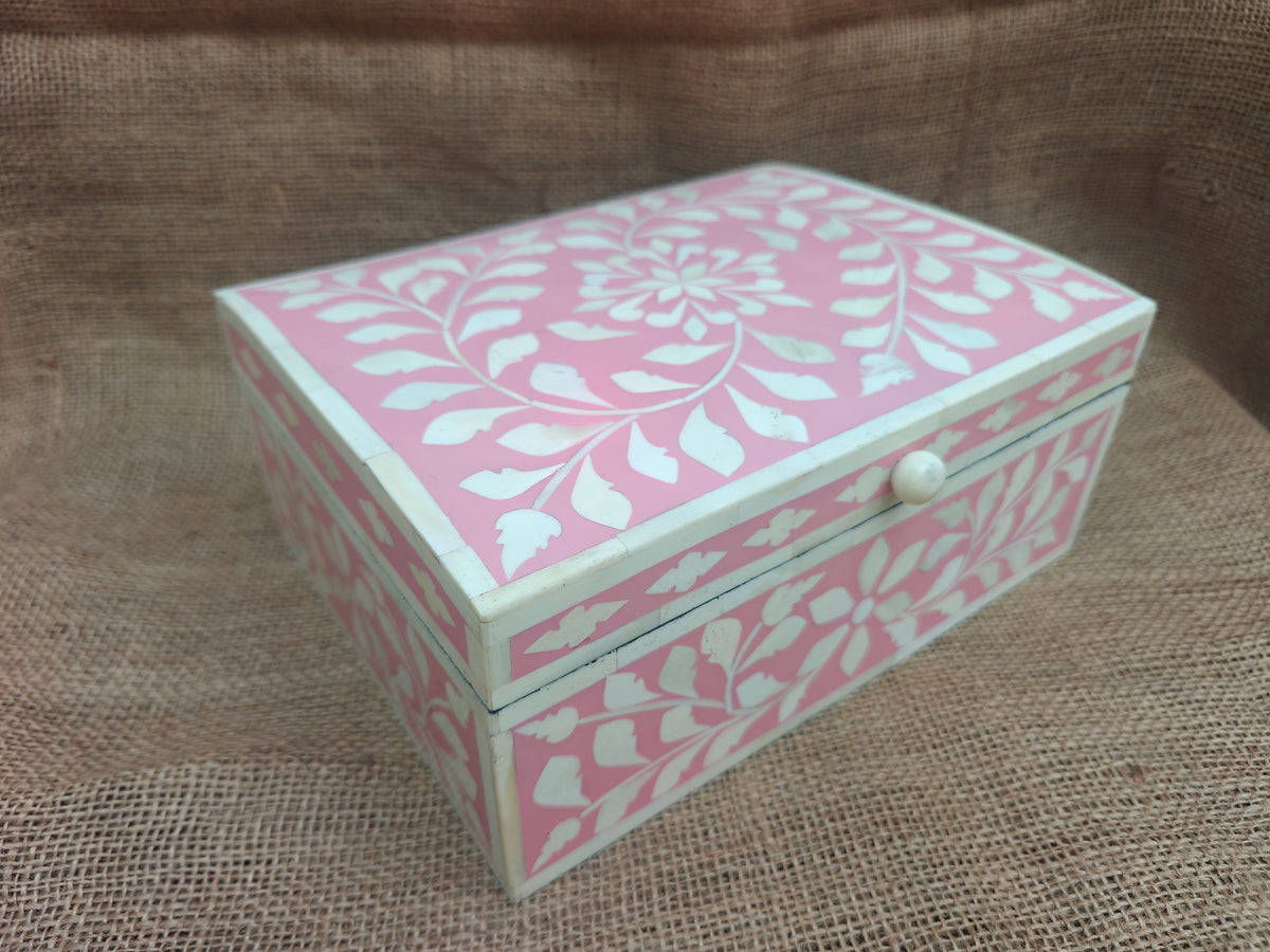 Bone Inlay Floral Box | Pink Resin | Handcrafted Jewellery & Keepsake Box | 26.5 x 20 x 11 Cms. (Copy)