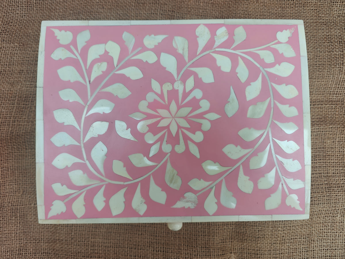 Bone Inlay Floral Box | Pink Resin | Handcrafted Jewellery & Keepsake Box | 26.5 x 20 x 11 Cms. (Copy)