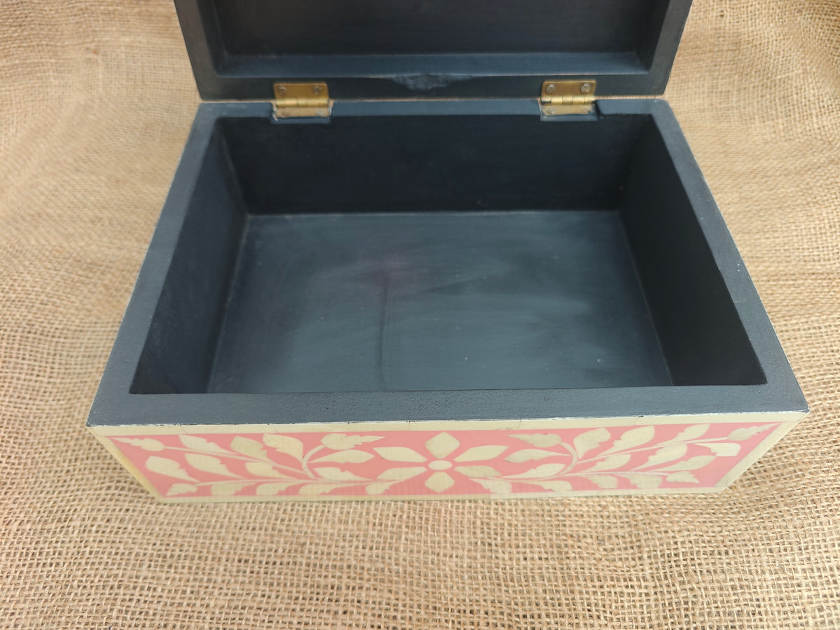 Bone Inlay Floral Box | Pink Resin | Handcrafted Jewellery & Keepsake Box | 26.5 x 20 x 11 Cms. (Copy)