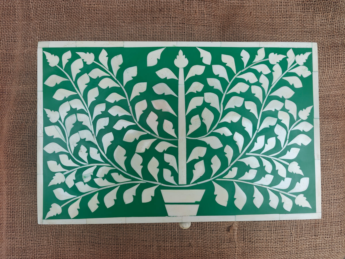 Bone Inlay Decorative Box – Green Tree of Life Design, 35x22.5x11.5 cm