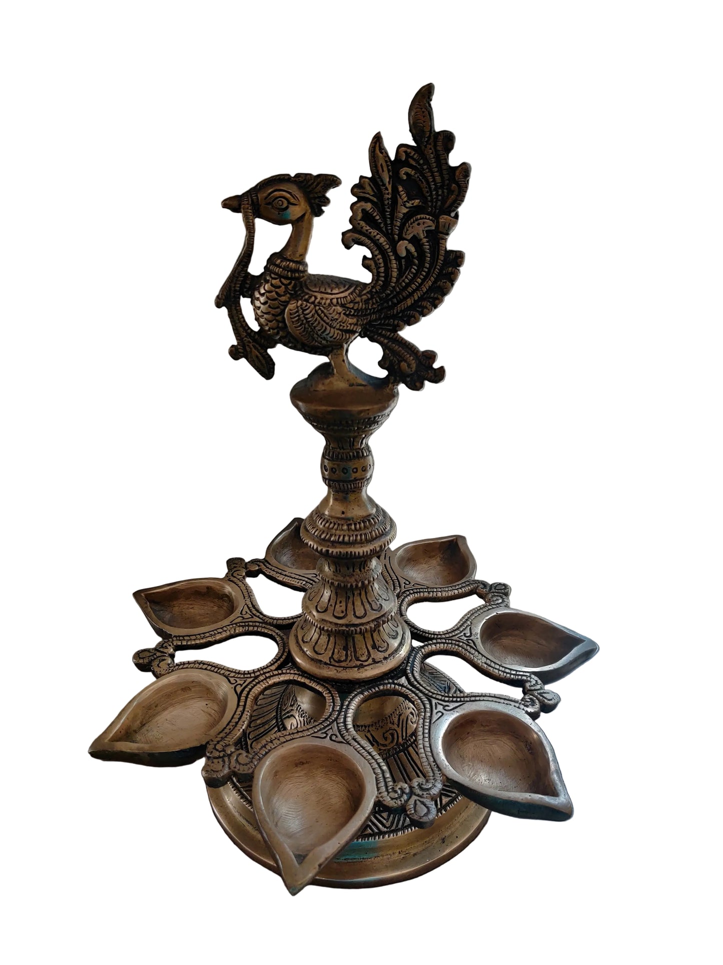 Large Brass Peacock Diya | 8-Wick Ceremonial Oil Lamp | Handcrafted Temple Décor
