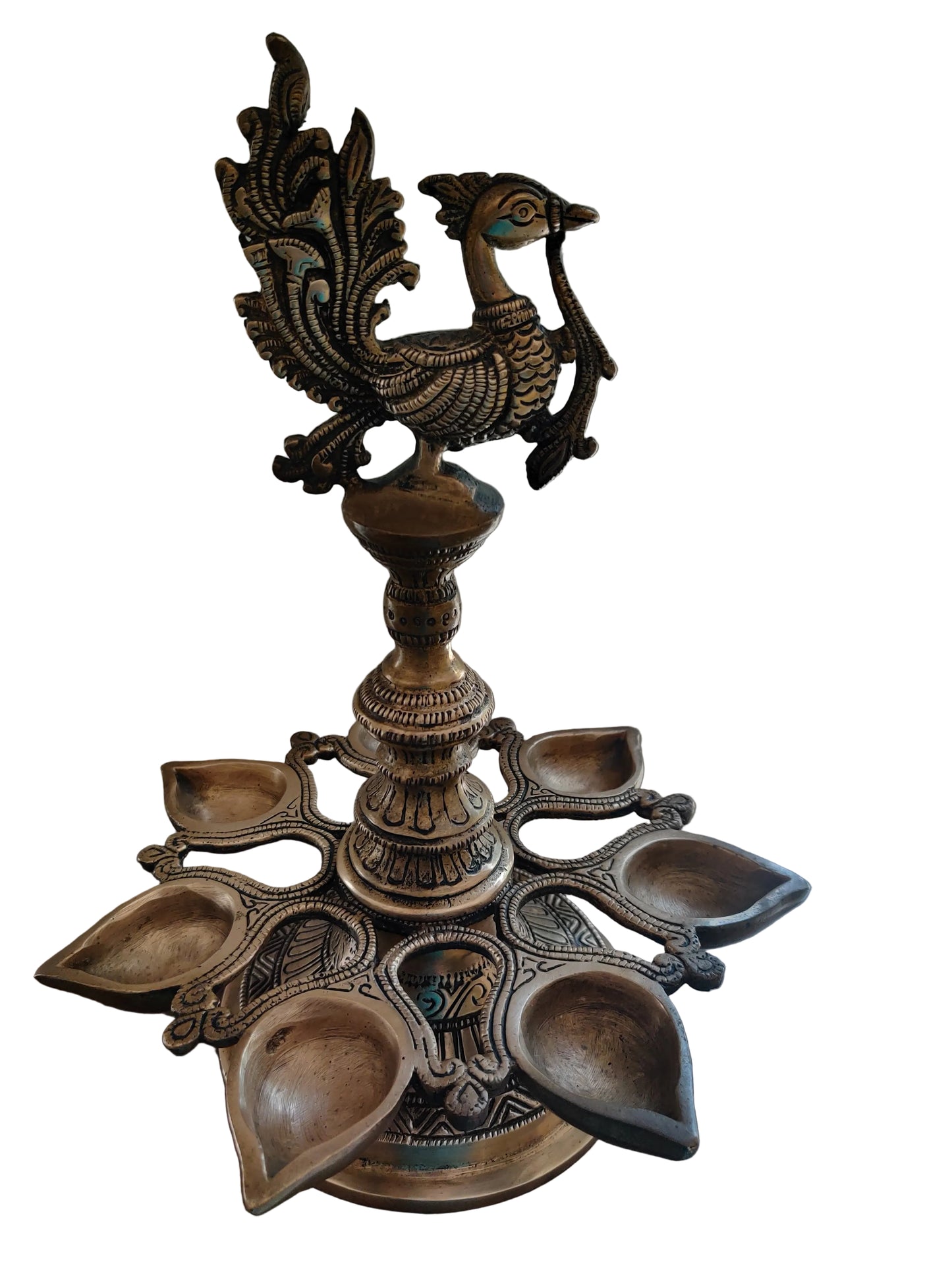 Large Brass Peacock Diya | 8-Wick Ceremonial Oil Lamp | Handcrafted Temple Décor