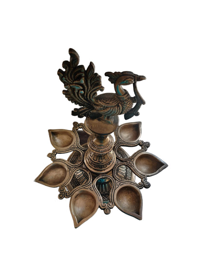 Large Brass Peacock Diya | 8-Wick Ceremonial Oil Lamp | Handcrafted Temple Décor