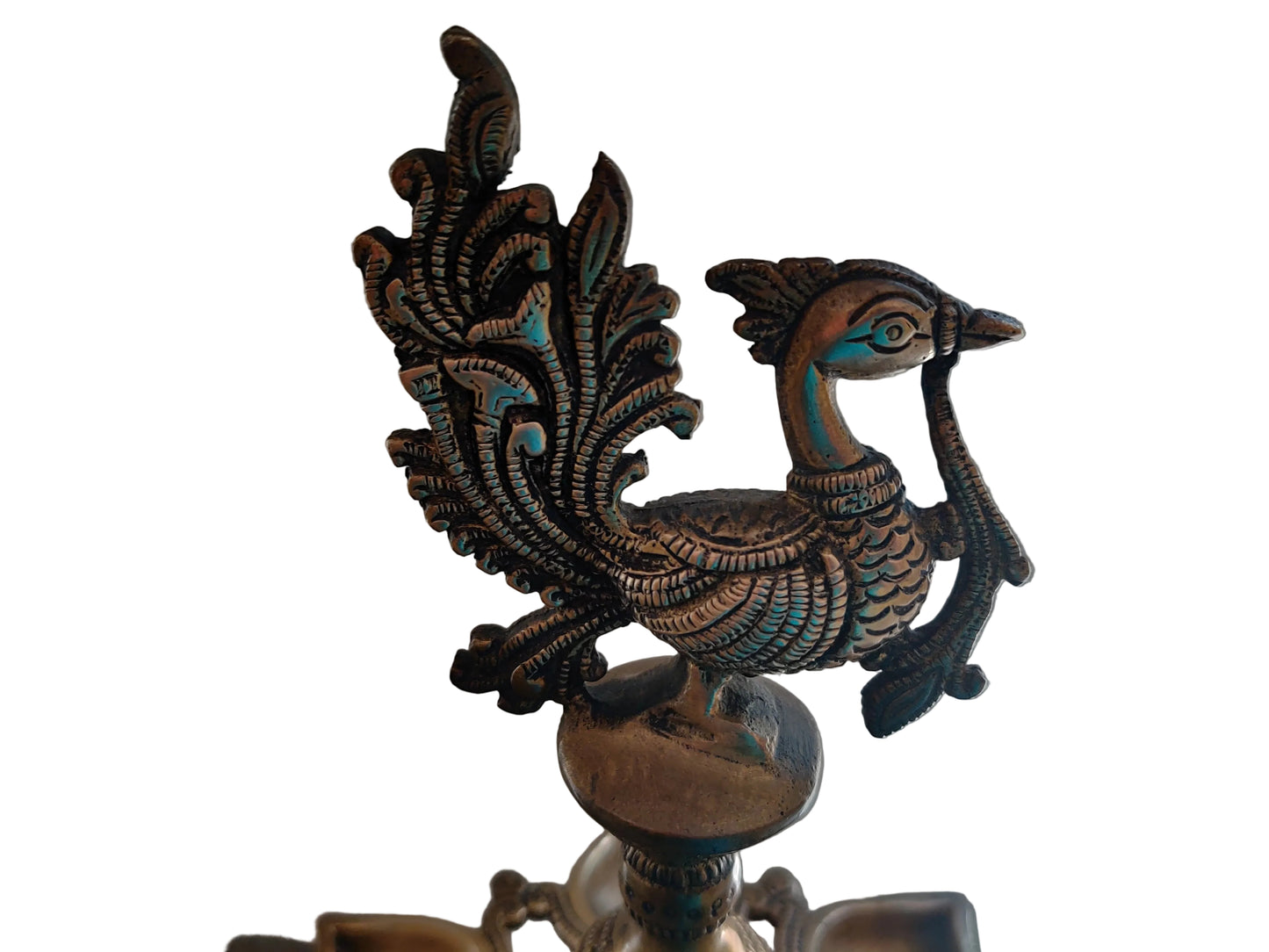 Large Brass Peacock Diya | 8-Wick Ceremonial Oil Lamp | Handcrafted Temple Décor