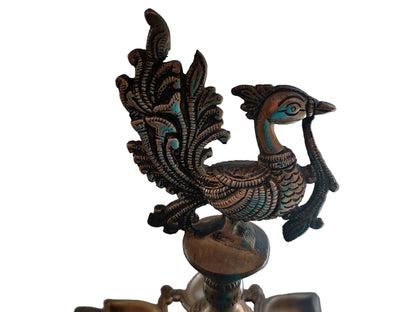 Large Brass Peacock Diya | 8-Wick Ceremonial Oil Lamp | Handcrafted Temple Décor