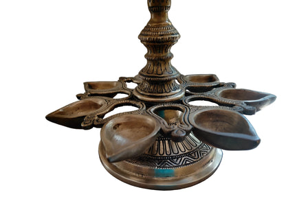Large Brass Peacock Diya | 8-Wick Ceremonial Oil Lamp | Handcrafted Temple Décor