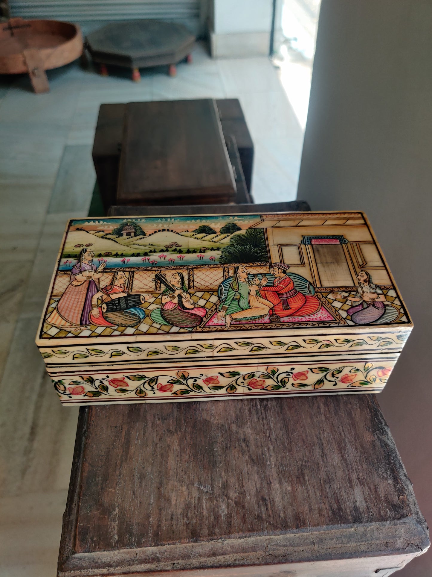 Mughal Miniature Hand-Painted Bone & Wood Box | Musicians Court Scene | Handcrafted Keepsake Box | 8x4x3 inch
