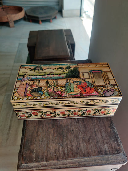 Mughal Miniature Hand-Painted Bone & Wood Box | Musicians Court Scene | Handcrafted Keepsake Box | 8x4x3 inch