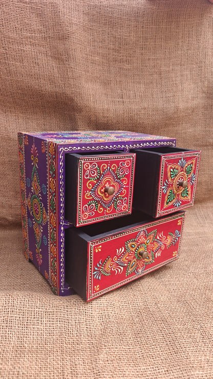 Handcrafted Painted Wood Chest with 3 Drawers | Red & Purple | Decorative Storage