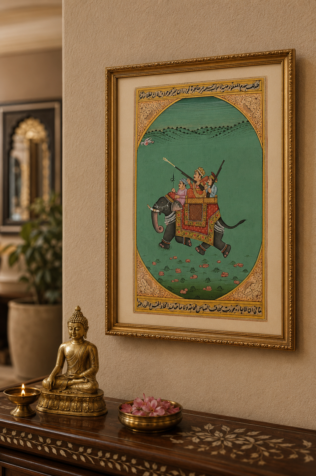 Royal Hunting Party on Elephant – Miniature Painting on Paper, 16.5 x 26 cm