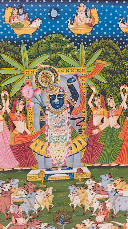 Gopashtami Pichwai Painting | Shrinathji with Sacred Herd & Red Cow Border | 36x48 inch