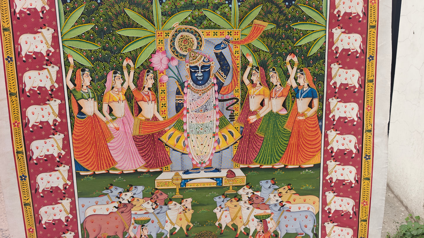 Gopashtami Pichwai Painting | Shrinathji with Sacred Herd & Red Cow Border | 36x48 inch