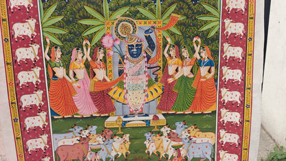 Gopashtami Pichwai Painting | Shrinathji with Sacred Herd & Red Cow Border | 36x48 inch